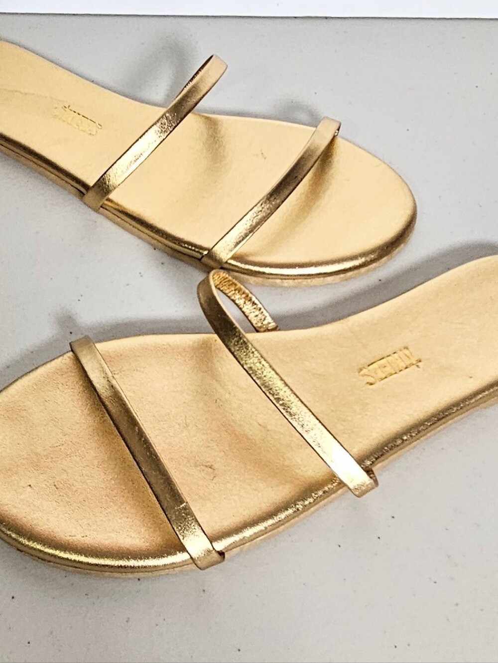 TKees Gemma Metallic Gold Strappy Slide Flat Sandals Minimalist 8